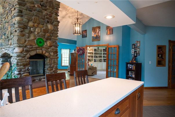 Fireplace, Interior, Pendant Lights, Recessed Lighting, Stone Walls