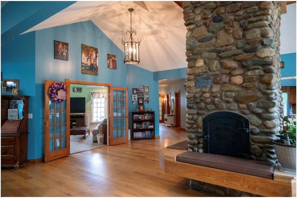 Fireplace, Interior, Pendant Lights, Stone Walls, Wood Texture Flooring