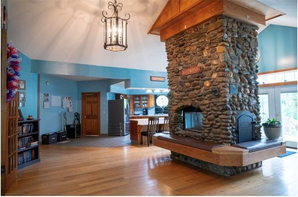 Fireplace, Interior, Pendant Lights, Wood Texture Flooring
