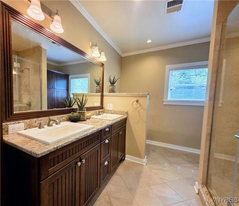 Bathroom, Dual Sink Vanities, Glass Shower, Interior, Recessed Lighting