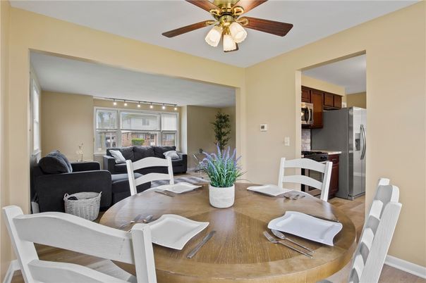 Dining room, Interior, Kitchen, Living room, Stainless Steel Appliances, Wood Texture Flooring