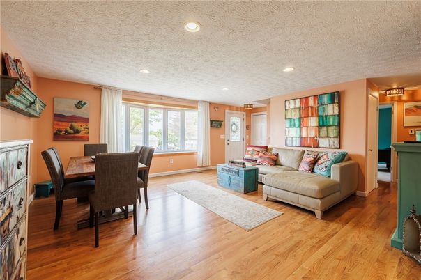Dining room, Interior, Living room, Recessed Lighting, Wood Texture Flooring