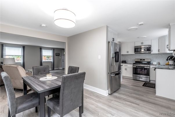 Dining room, Interior, Kitchen, Stainless Steel Appliances, Wood Texture Flooring