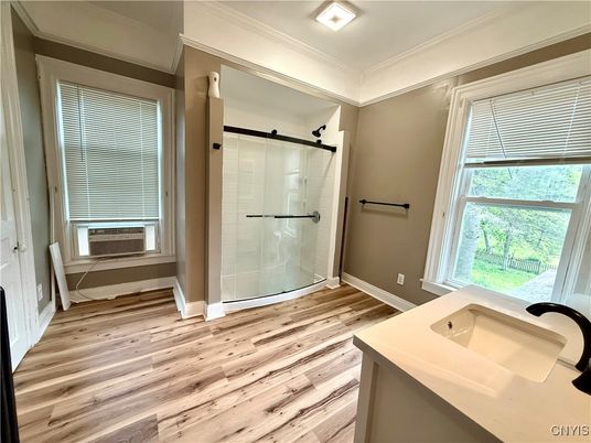 Bathroom, Glass Shower, Interior, Wood Texture Flooring