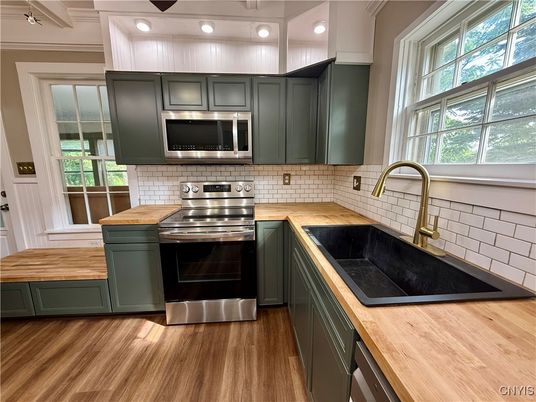 Interior, Kitchen, Recessed Lighting, Stainless Steel Appliances, Wood Texture Flooring