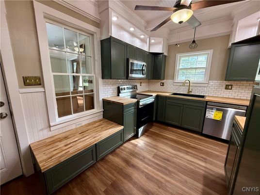 Interior, Kitchen, Recessed Lighting, Stainless Steel Appliances, Wood Texture Flooring