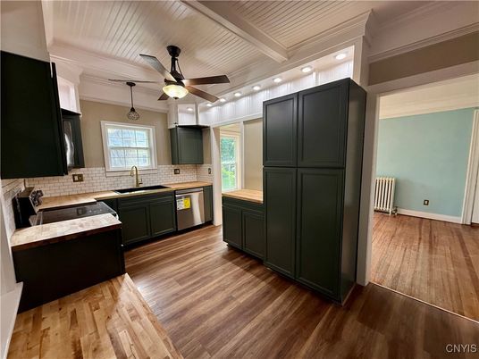 Interior, Kitchen, Recessed Lighting, Stone Walls, Wood Texture Flooring