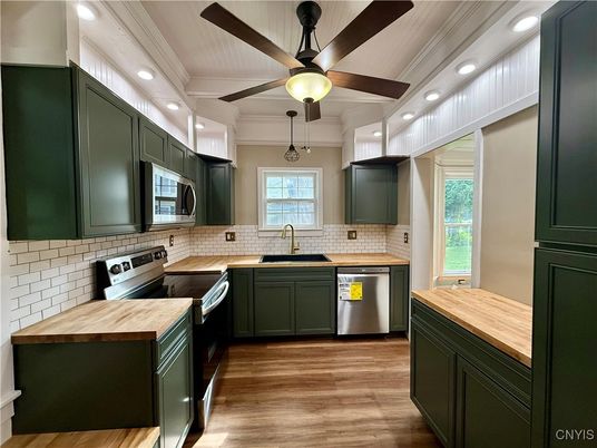 Interior, Kitchen, Recessed Lighting, Stainless Steel Appliances, Wood Texture Flooring