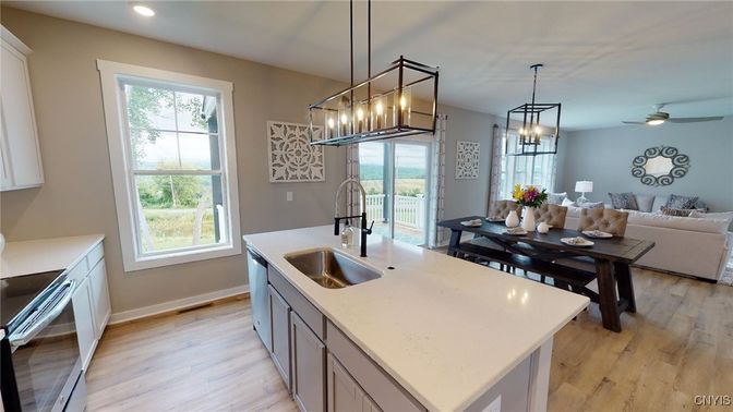 Interior, Kitchen, Living room, Pendant Lights, Recessed Lighting, Wood Texture Flooring