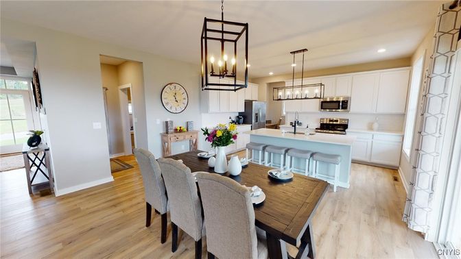 Dining room, Interior, Kitchen, Pendant Lights, Recessed Lighting, Wood Texture Flooring