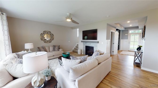 Fireplace, Interior, Living room, Recessed Lighting, Wood Texture Flooring