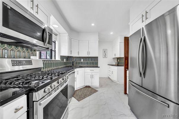 Interior, Kitchen, Marble, Recessed Lighting, Stainless Steel Appliances