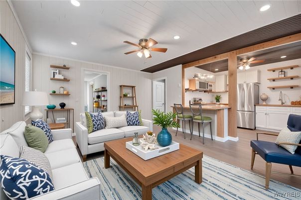 Interior, Kitchen, Living room, Recessed Lighting, Stainless Steel Appliances, Wood Texture Flooring