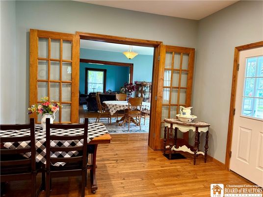 Dining room, Interior, Living room, Pendant Lights, Wood Texture Flooring