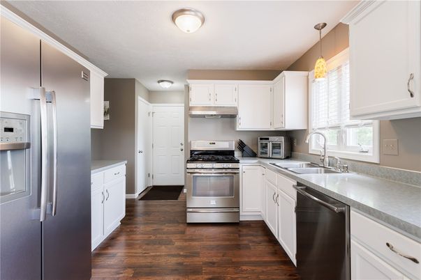 Interior, Kitchen, Pendant Lights, Stainless Steel Appliances, Wood Texture Flooring