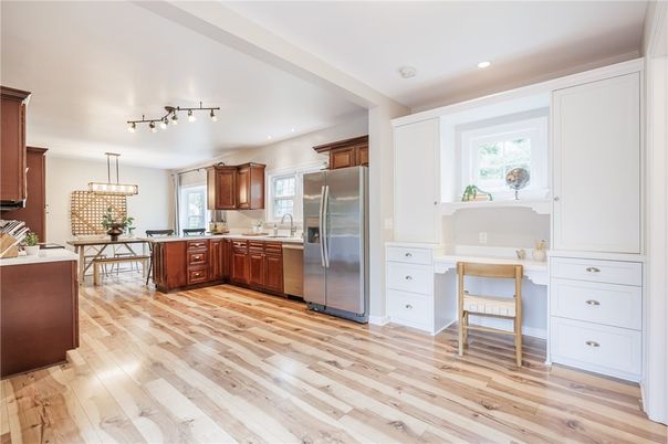 Dining room, Interior, Kitchen, Recessed Lighting, Stainless Steel Appliances, Wood Texture Flooring