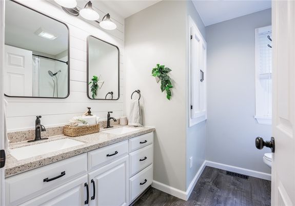 Bathroom, Dual Sink Vanities, Interior, Wood Texture Flooring