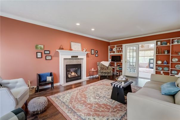 Fireplace, Interior, Living room, Recessed Lighting, Wood Texture Flooring