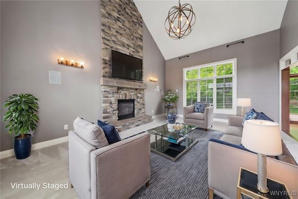 Fireplace, Interior, Living room, Pendant Lights, Stone Walls