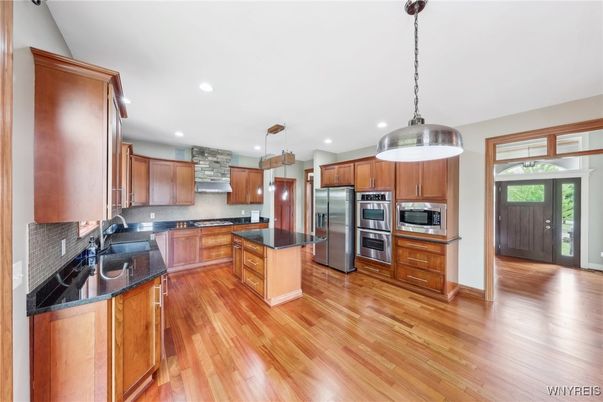 Interior, Kitchen, Pendant Lights, Recessed Lighting, Stainless Steel Appliances, Wood Texture Flooring