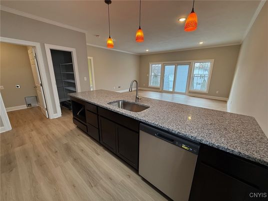 Interior, Kitchen, Pendant Lights, Recessed Lighting, Wood Texture Flooring