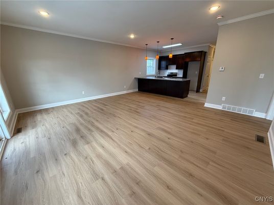 Empty room, Interior, Kitchen, Pendant Lights, Recessed Lighting, Wood Texture Flooring