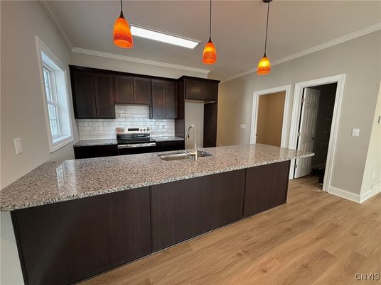 Interior, Kitchen, Pendant Lights, Stainless Steel Appliances, Wood Texture Flooring