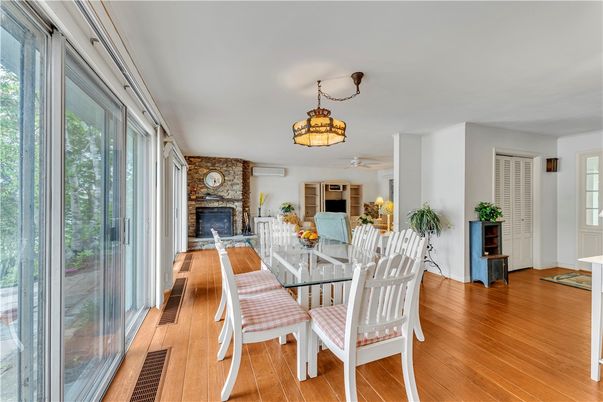Dining room, Fireplace, Interior, Stone Walls, Wood Texture Flooring