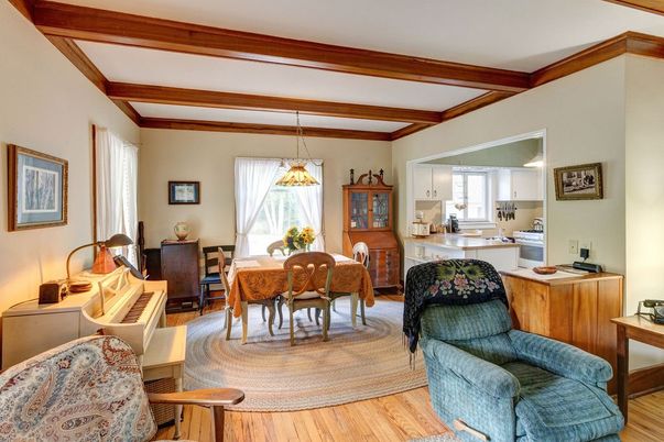 Dining room, Interior, Pendant Lights, Piano, Wooden Beams, Wood Texture Flooring
