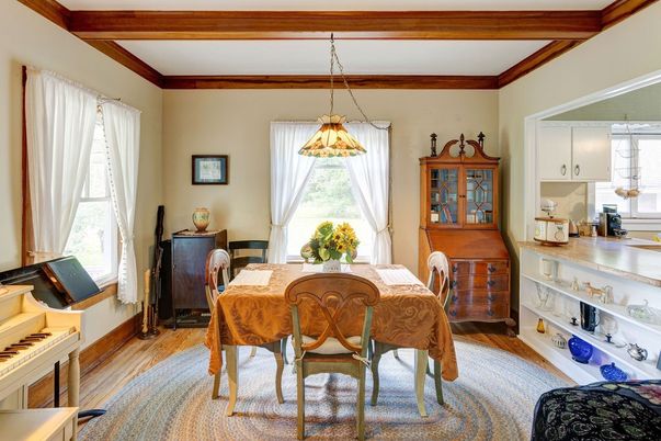 Dining room, Interior, Pendant Lights, Piano, Wood Texture Flooring
