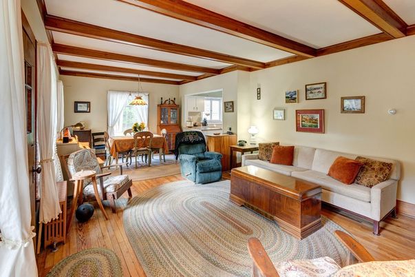 Dining room, Interior, Living room, Pendant Lights, Wooden Beams, Wood Texture Flooring