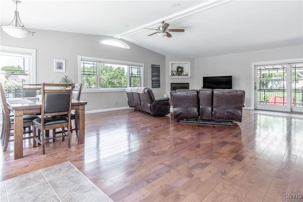 Dining room, Interior, Living room, Pendant Lights, Wood Texture Flooring