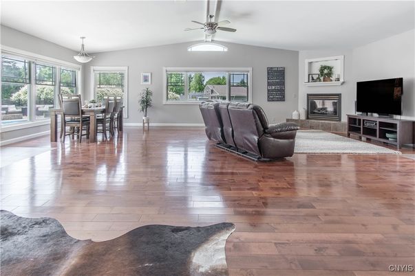 Dining room, Fireplace, Interior, Pendant Lights, Wood Texture Flooring