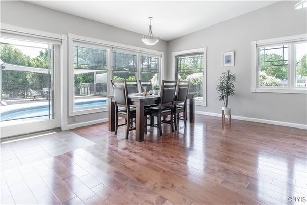 Dining room, Interior, Pendant Lights, Wood Texture Flooring