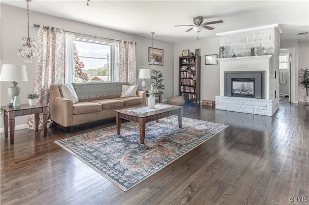 Fireplace, Interior, Living room, Pendant Lights, Wood Texture Flooring