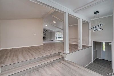 Empty room, Interior, Pendant Lights, Recessed Lighting, Wood Texture Flooring