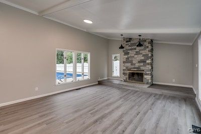 Empty room, Fireplace, Interior, Recessed Lighting, Wood Texture Flooring