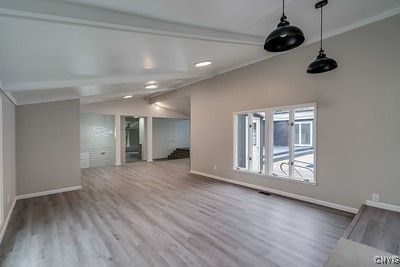 Empty room, Interior, Pendant Lights, Recessed Lighting, Wood Texture Flooring