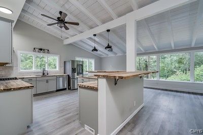 Interior, Kitchen, Pendant Lights, Recessed Lighting, Wood Texture Flooring