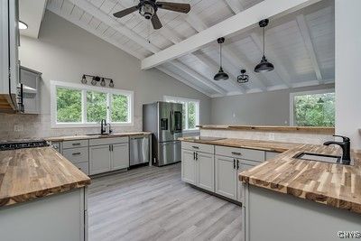 Interior, Kitchen, Pendant Lights, Stainless Steel Appliances, Wood Texture Flooring