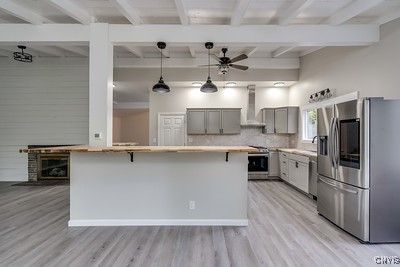 Interior, Kitchen, Pendant Lights, Stainless Steel Appliances, Wood Texture Flooring