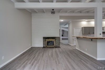 Empty room, Fireplace, Interior, Recessed Lighting, Wood Texture Flooring