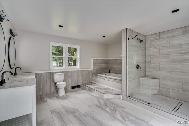 Bathroom, Glass Shower, Interior, Marble, Recessed Lighting