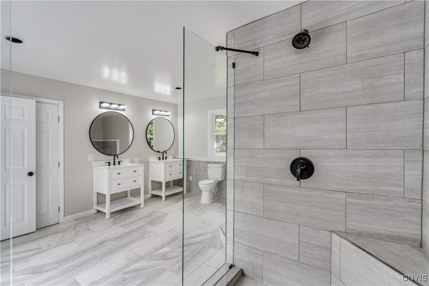 Bathroom, Glass Shower, Interior, Wood Texture Flooring