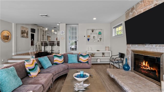 Fireplace, Interior, Living room, Recessed Lighting, Wood Texture Flooring