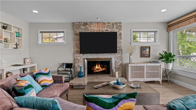 Fireplace, Interior, Living room, Recessed Lighting, Wood Texture Flooring