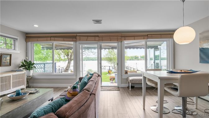 Dining room, Interior, Living room, Pendant Lights, Recessed Lighting, Water, Wood Texture Flooring