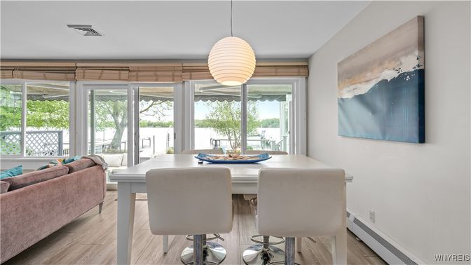 Dining room, Interior, Pendant Lights, Wood Texture Flooring
