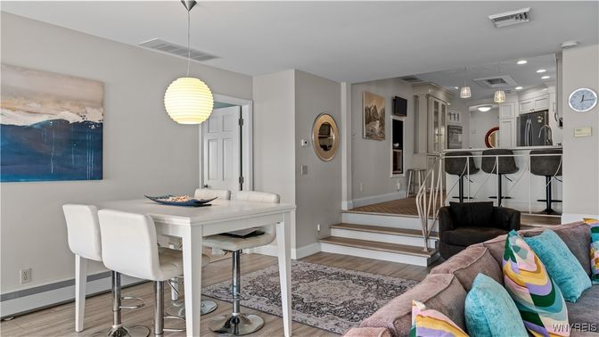 Dining room, Interior, Kitchen, Pendant Lights, Recessed Lighting, Wood Texture Flooring