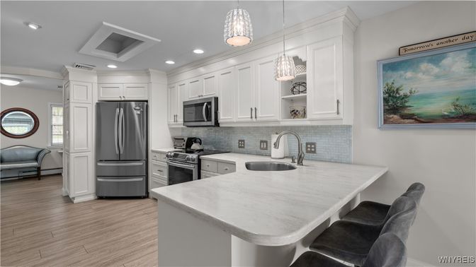 Interior, Kitchen, Pendant Lights, Recessed Lighting, Stainless Steel Appliances, Wood Texture Flooring